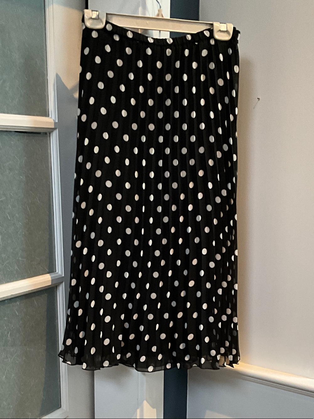 Sunny Leigh Black and White Polka Dot Pleated Midi Skirt
